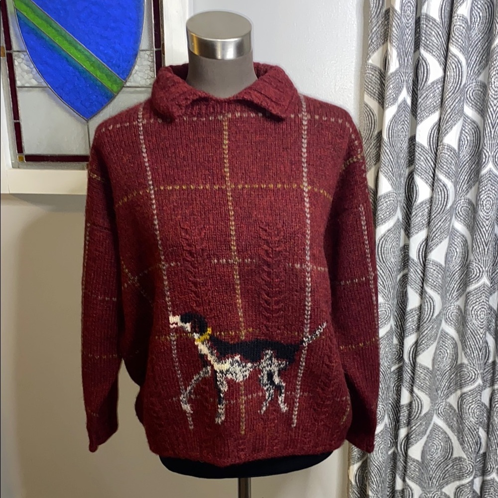 Jade Burgundy Plaid Knit Sweater with Dog Motif